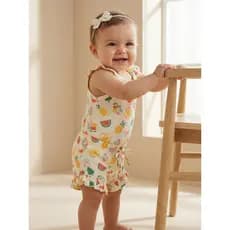 Conjunto Bebê Menina Body com Alças Canelado Rib Soft Estampa Frutas + Bermuda | 2 peças Verão