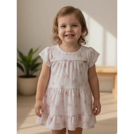 Vestido Infantil Menina Laços Soft Rib Canelado Estampa Digital Verão 1 a 4 anos