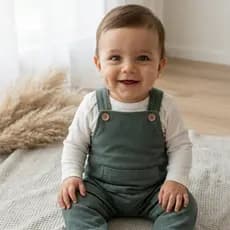 Conjunto Bebê Menino Body Bordado Urso Algodão Premium Off + Jardineira Cotelê Verde 2 peças Inverno