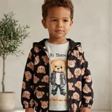 Jaqueta Infantil Menino Corta Vento Urso Forrada com Capuz Tecido Técnico Span Inverno Confortável