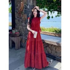 Novo estilo chinês estilo chinês vermelho terno saia feminina verão único bonito pouco voando manga impressa saia superi