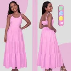 Vestido Infantil Menina Longo Alça Fina Amarração Festa Casual Verão Elegante Chic