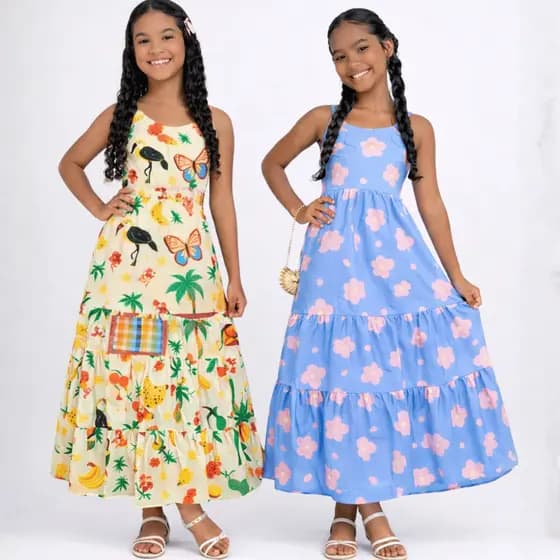 Vestido Infantil Longo Menina Estampado Tropical Alça Fina Babados Verão Festa Casual