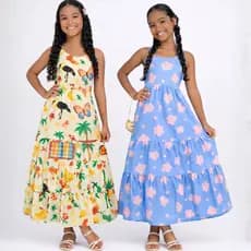 Vestido Infantil Longo Menina Estampado Tropical Alça Fina Babados Verão Festa Casual