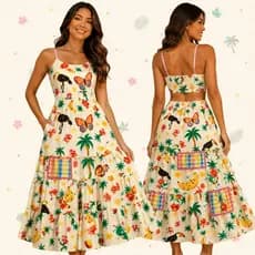 Vestido Feminino Longo Estampado Sedinha Alças Delicadas Babado Costas Abertas Elegante