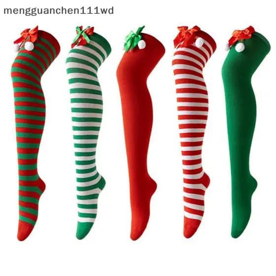meng Meias Femininas De Natal Acima Do Joelho Listradas Diagonais Altas Na Coxa Fofas [COD]