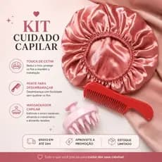🌸 Kit Cuidado Capilar 3 em 1 – Touca de Cetim + Pente Desembaraçador + Massageador Capilar 🌸