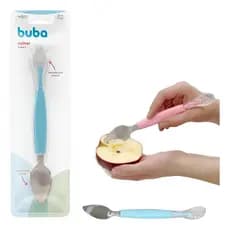 Colher Raspa Frutinha 2 em 1 para bebê – Silicone e Inox | Rosa ou Azul | +6 Meses Buba