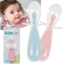 Colher Em Silicone Bebes Buba Com Escudo Protetor Anatômica Azul ou Rosa