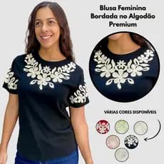 Blusa T-Shirt Feminina Luxo Bordada Algodão Premium Gola Redonda Casual Dia das Mães