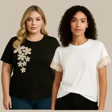 Blusa T-Shirt Feminina Plus Size Bordada Algodão Premium Gola Redonda Casual Importada Elegante