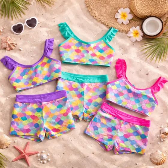 Conjunto Biquíni Moda Praia Infantil Juvenil Menina Sereia Com Babado Escamas 8 A 16 Anos Forrado