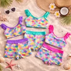 Conjunto Biquíni Moda Praia Infantil Juvenil Menina Sereia Com Babado Escamas 8 A 16 Anos Forrado