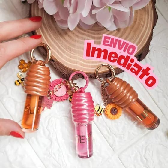 Kit 3 Lip Gloss Honey Brilho Chaveiro Gloss Labial Hidratante Aroma de Mel Fofo Presente