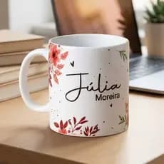 Caneca Personalizada Nome Inicial Cerâmica Floral Vermelha Presente Letras