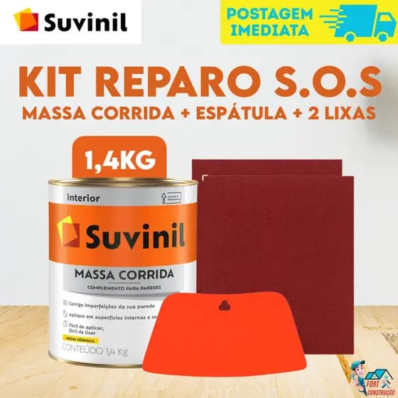 Kit Reparo Massa Corrida PVA SUVINIL 1/4 1,5kg + 2 Lixas de Parede + APLICADOR PARA REPAROS