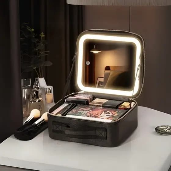 Necessaire Com Espelho LED USB Portátil Para Maquiagens e Cosméticos Com Alça e Divisórias