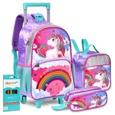Kit Mochila Unicórnio Escolar Carrinho Menina Infantil Linda Animais Completa Amplo Espaço