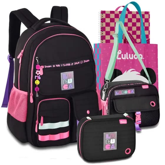 Kit Mochila Lancheira Estojo Luluca Escolar Pandinha Lançamento Meninas