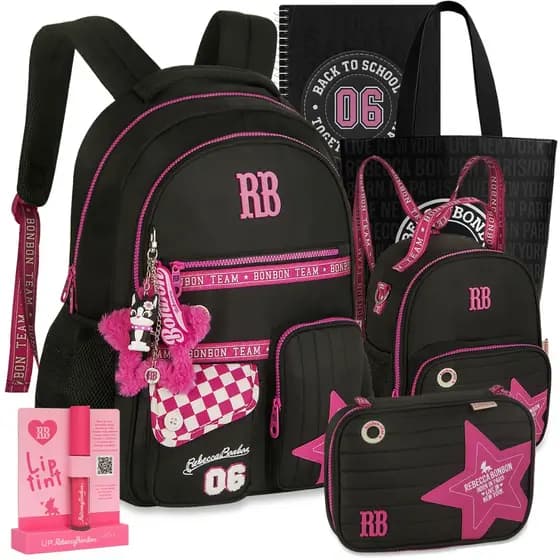 Kit Mochila RB Rebecca Bonbon Letrinhas Lançamento Escolar Lancheira Estojo com Brinde