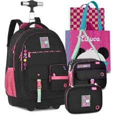 Kit Mochila Luluca Pandinha Carrinho Rodinha Lancheira e Estojo Escolar Lançamento