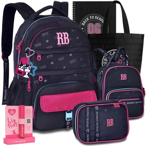 Kit Mochila RB Rebecca Bonbon Escolar Lancheira Estojo Notebook Reforçada Resistente Lançamento