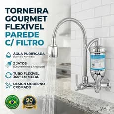 Torneira Cozinha Gourmet Parede com Filtro Tubo Flexível 2 Jatos - Cromada 1/4 De Volta