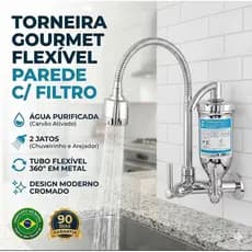 Torneira Cozinha Gourmet Parede com Filtro Tubo Flexível 2 Jatos - Cromada 1/4 De Volta