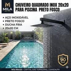 Chuveiro Ducha de Piscina Fria Quadrada 20x20 Inox Preto Fosco e Área Externa - Black Matte