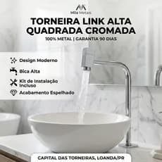 Torneira Banheiro Metal Pia Bancada Link Alta Quadrada Cromada 90° 1/4 Volta