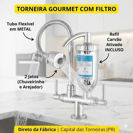 Torneira Gourmet De Cozinha De Bancada Com Filtro Cromada Tubo Flexível 1/4 De Volta