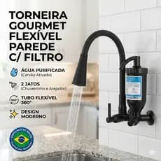 Torneira Cozinha Gourmet Parede com Filtro Tubo Silicone Preto Flexível - 2 Jatos 1/4 de Volta
