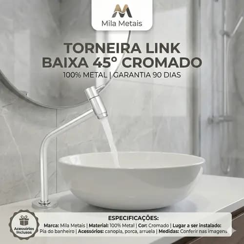 TORNEIRA BANHEIRO LAVATÓRIO LINK BAIXA 45° METAL CROMADO 1/4 VOLTA - LUXO