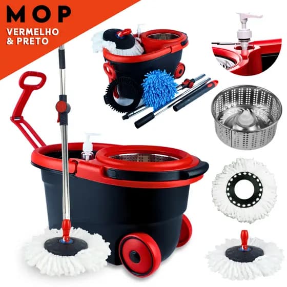 Mop Giratório Com Cesto Em Inox - Com Alça e Rodas - Cabo 150cm - Completo - Vermelho - Nosso lar