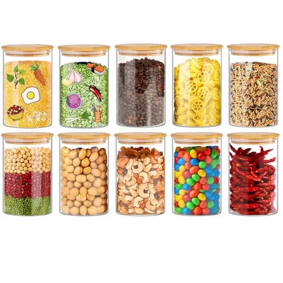 Jogo 10 Potes Hermetico Vidro 200ml Alimentos Tampa Bambu