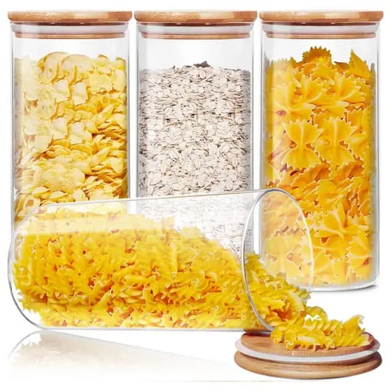 Jogo 4 Potes Hermetico Vidro 700ml Alimentos Tampa Bambu