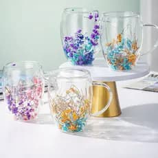 4 Caneca de Vidro 350ML Parede Dupla Flores Secas Naturais