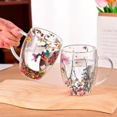 2 Caneca de Vidro 350ML Parede Dupla Flores Secas Naturais