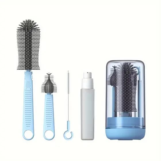 Kit Escova Higiene Lavar 4 em 1 para Copo, Garrafa, Mamadeira Portátil Viagem de Silicone e Suporte