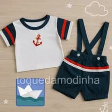 Jardineira + camiseta para bebe menino verão estilo marinheiro