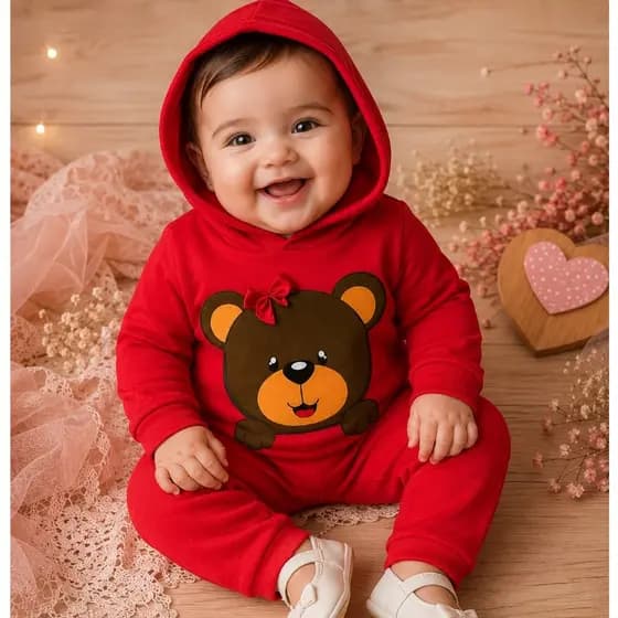Conjunto de Bebê Menina com capuz Ursinha quetinho otimo para dias frios