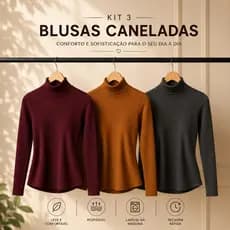 Kit 3 Blusas Manga Longa Feminina Gola Alta Tecido Canelado Premium