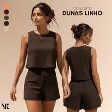 Conjunto Feminino Blusa Shorts Duna Linho Verão Cropped Slim Casual Chique Elegante Promoção