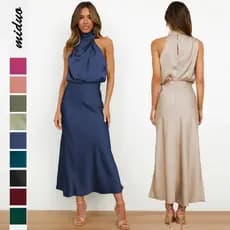 Vestido de cetim sem mangas de alta qualidade europeu americano moda elegante celebridade vestido de noite leve