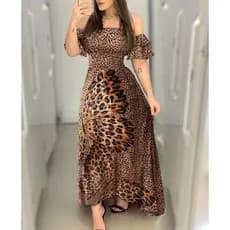Vestido Feminino Com Estampa De Borboleta E Leopardo Ombro Manga Folha De Lótus Saia Longa