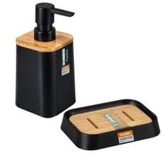 Kit De Banheiro Bambu Porta Sabonete + Dispenser Para Sabonete Plástico