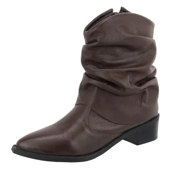 Bota Enrugada Bico Fino Couro Legitimo Cano Curto Lançamento Chocolate Feminina Guvem Oficial