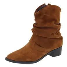 Bota Enrugada Bico Fino Couro Legitimo Cano Curto Lançamento Camurça Caramelo Feminina Guvem Oficial