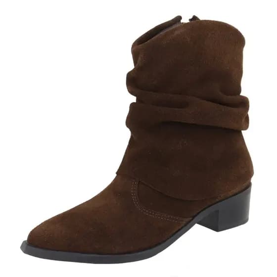 Bota Enrugada Bico Fino Couro Legitimo Cano Curto Lançamento Camurça Chocolate Feminina Guvem Oficial