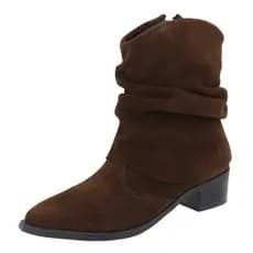 Bota Enrugada Bico Fino Couro Legitimo Cano Curto Lançamento Camurça Chocolate Feminina Guvem Oficial